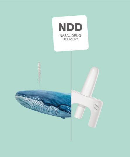 Ein Finnwal stößt einen Sprühstoß aus - daneben ist ein Nasenspray abgebildet