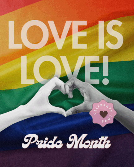 Two hands form a heart symbol in front of the rainbow flag