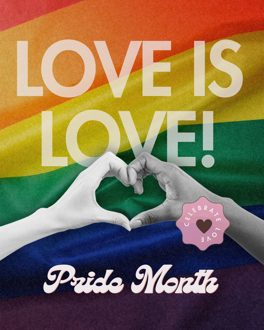 Two hands form a heart symbol in front of the rainbow flag
